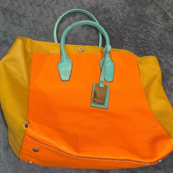 CLAUDIA FIRENZE Tan/ Tangerine /
Blue Leather Maxi Tote Bag - Picture 15 of 15